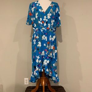 NWT blue floral faux wrap ruffle dress